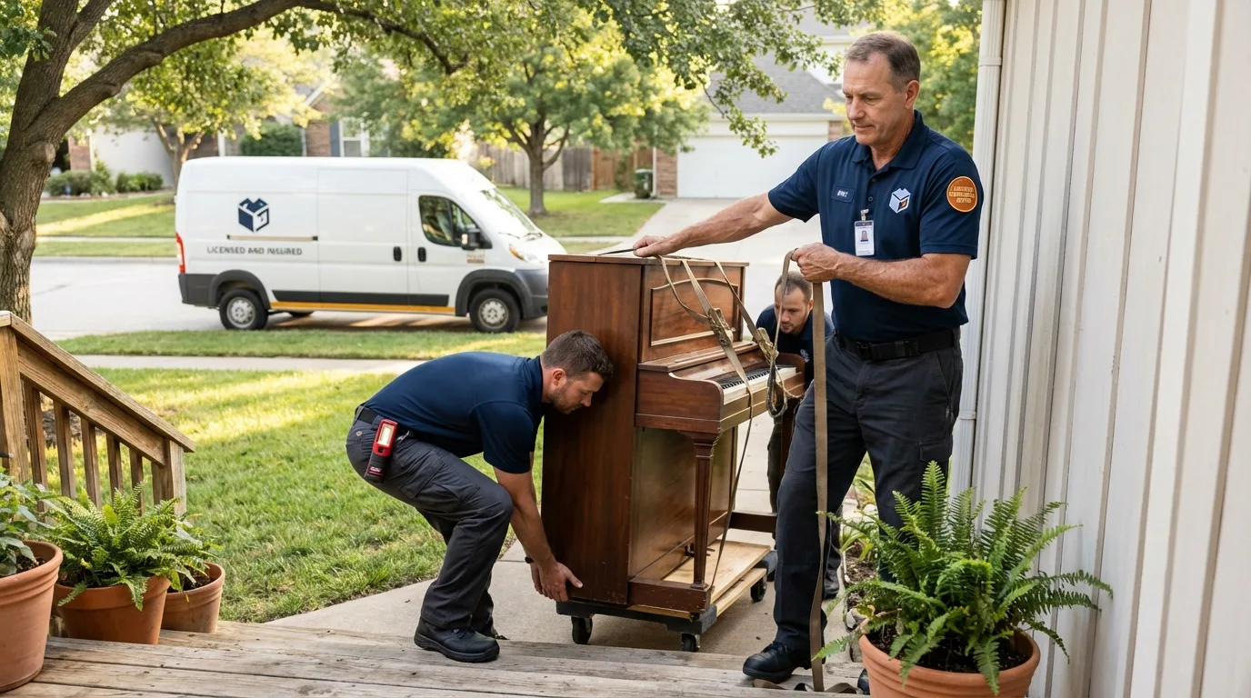 Licensed piano movers securing grand piano in Grove City, OH