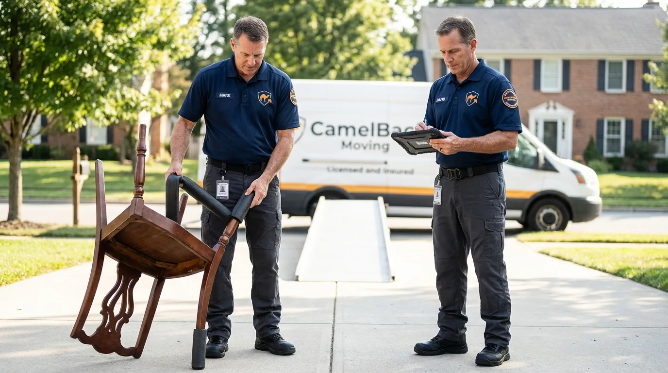 Movers inspecting furniture for damage prevention before loading in Grove City, OH