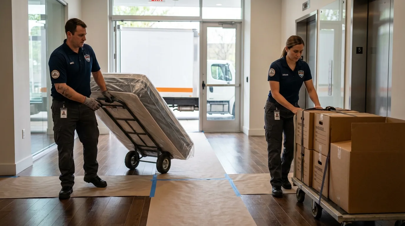 Professional apartment movers loading elevator in Grove City, OH